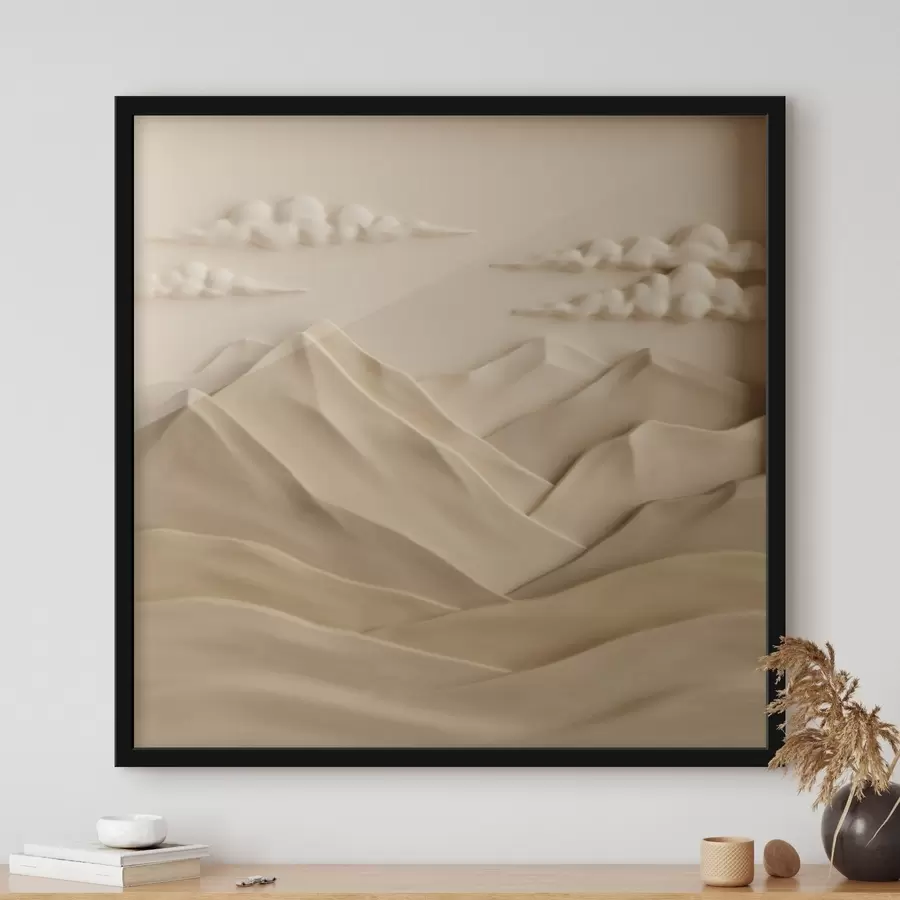 carta da parati Un paesaggio minimalista con montagne e nuvole tridimensionali in stile rilievo contemporaneo nr. f50019
