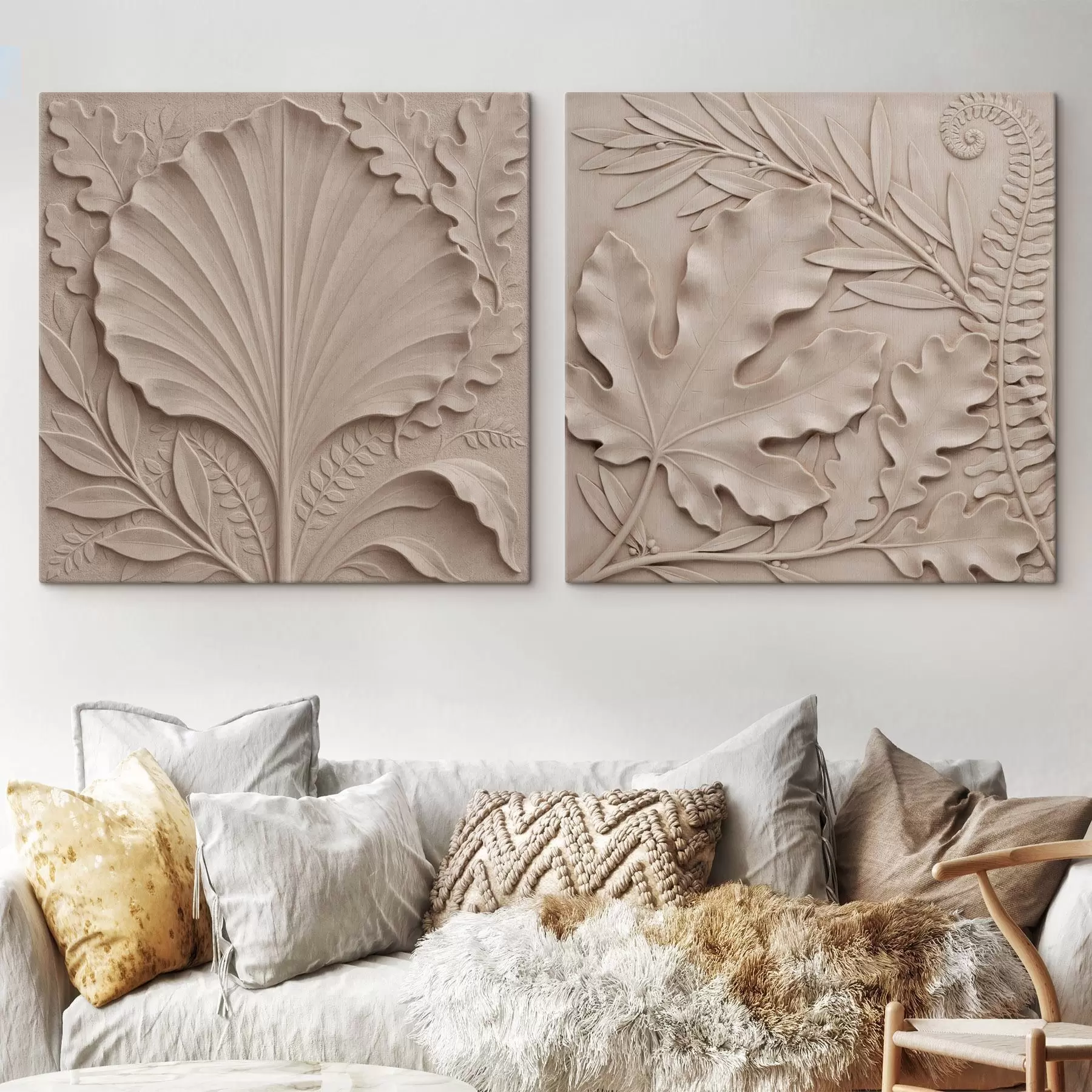carta da parati Un dittico botanico tridimensionale con foglie in rilievo dalla texture variegata, in una palette di colori beige e sabbia nr. m30762