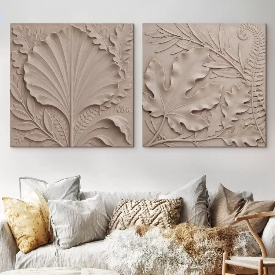 carta da parati Un dittico botanico tridimensionale con foglie in rilievo dalla texture variegata, in una palette di colori beige e sabbia nr. m30762