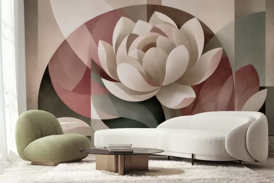 carta da parati Grande fiore astratto realizzato con una tecnica geometrica sfaccettata, in una palette di colori tenui che spazia dal cipria allo smeraldo nr. w10035