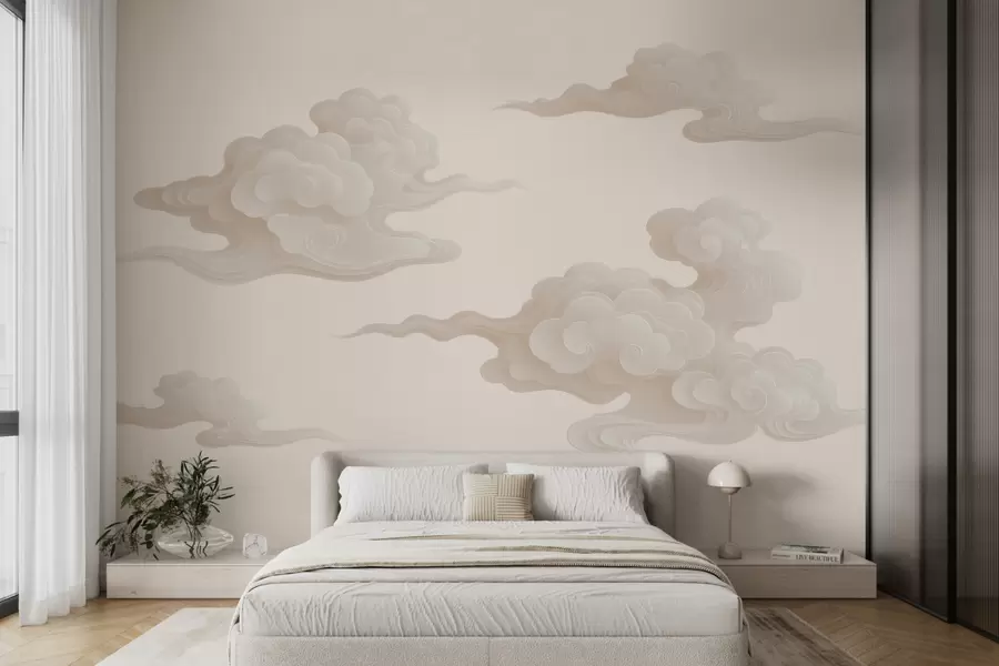 carta da parati Nuvole orientali in stile minimalista nei toni del beige-crema nr. w10036