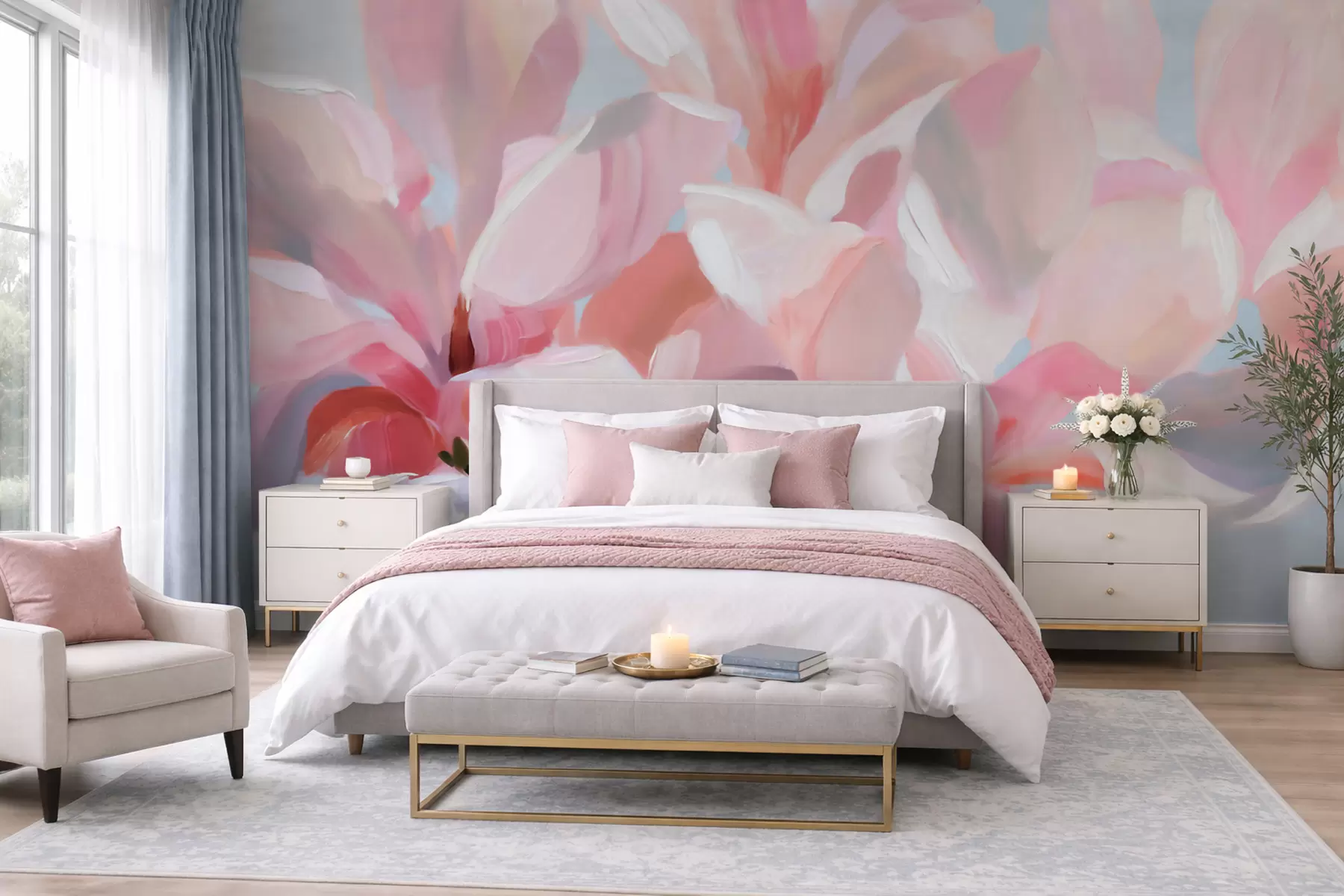 Carta da parati Floreale Primo piano di una magnolia rosa, tecnica pittorica morbida in stile imitativo n. w10043