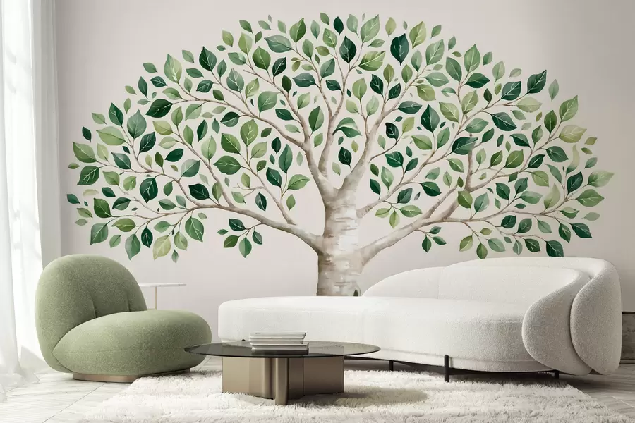 carta da parati Albero con fogliame verde, in stile acquerello, minimalista nr. w10046