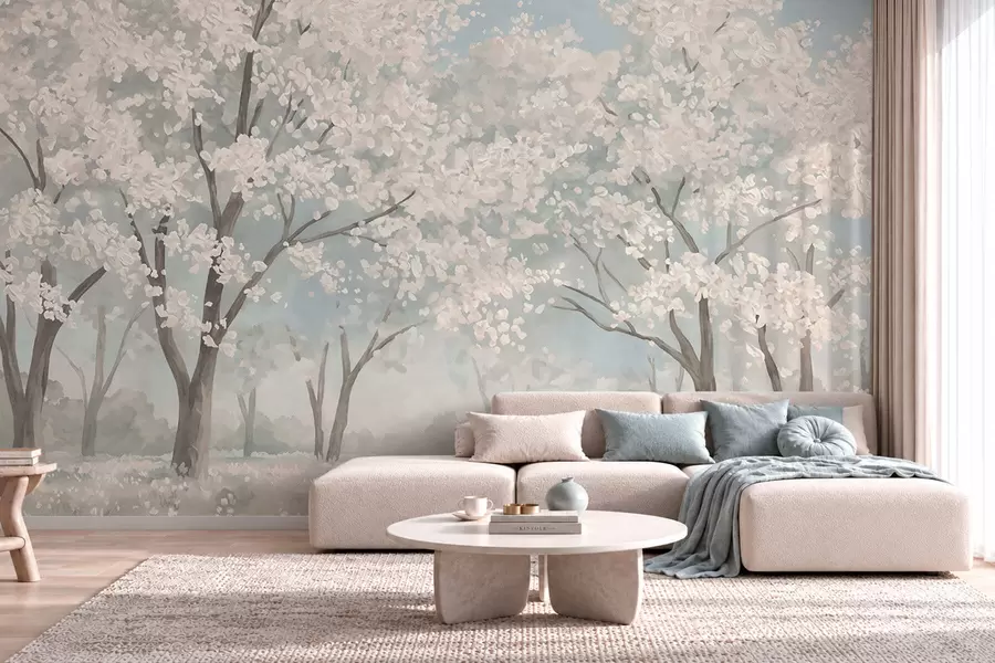 Carta da parati nature Alberi in fiore dai colori tenui in un prato dai toni pastello 