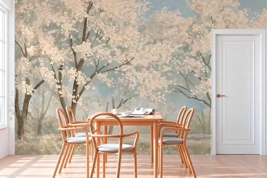Carta da parati nature Alberi in fiore dai colori tenui sotto un cielo di un azzurro delicato 