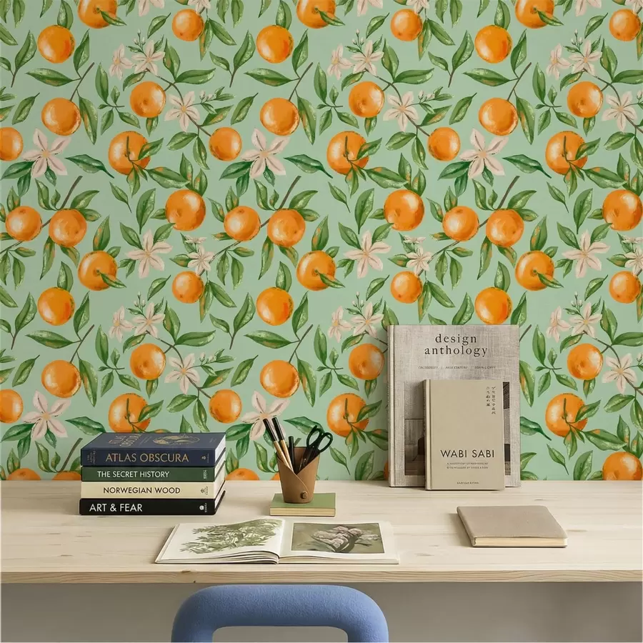 carta da parati Arance, foglie verdi e fiori bianchi su sfondo color menta nr. a01262
