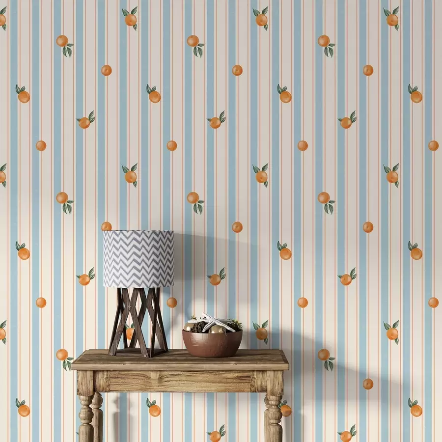 carta da parati Frutti d'arancio su strisce di colore azzurro chiaro e crema nr. a01263v1