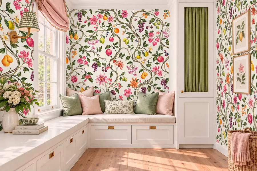 carta da parati Rami intrecciati con fiori, frutti e foglie verdi nr. w05862