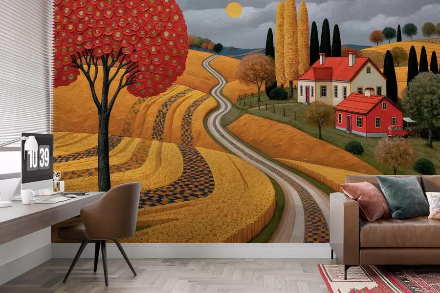 carta da parati Imitazione di un pittoresco paesaggio toscano realizzata con pennellate tipiche della pittura a olio, con un albero rosso, una strada tortuosa e una casa colonica nr. w10049