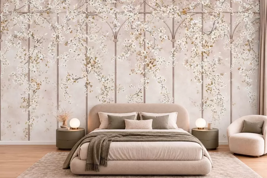 carta da parati Rami bianchi in fiore su un traliccio decorativo nr. w05923