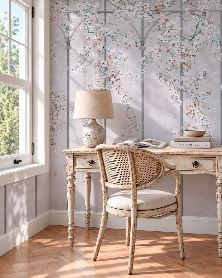 carta da parati Rami con fiori bianchi su un traliccio decorativo blu e grigio nr. w05923v1