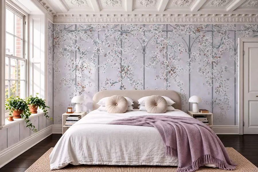 carta da parati Rami con fiori bianchi su un traliccio decorativo blu e grigio nr. w05923v1