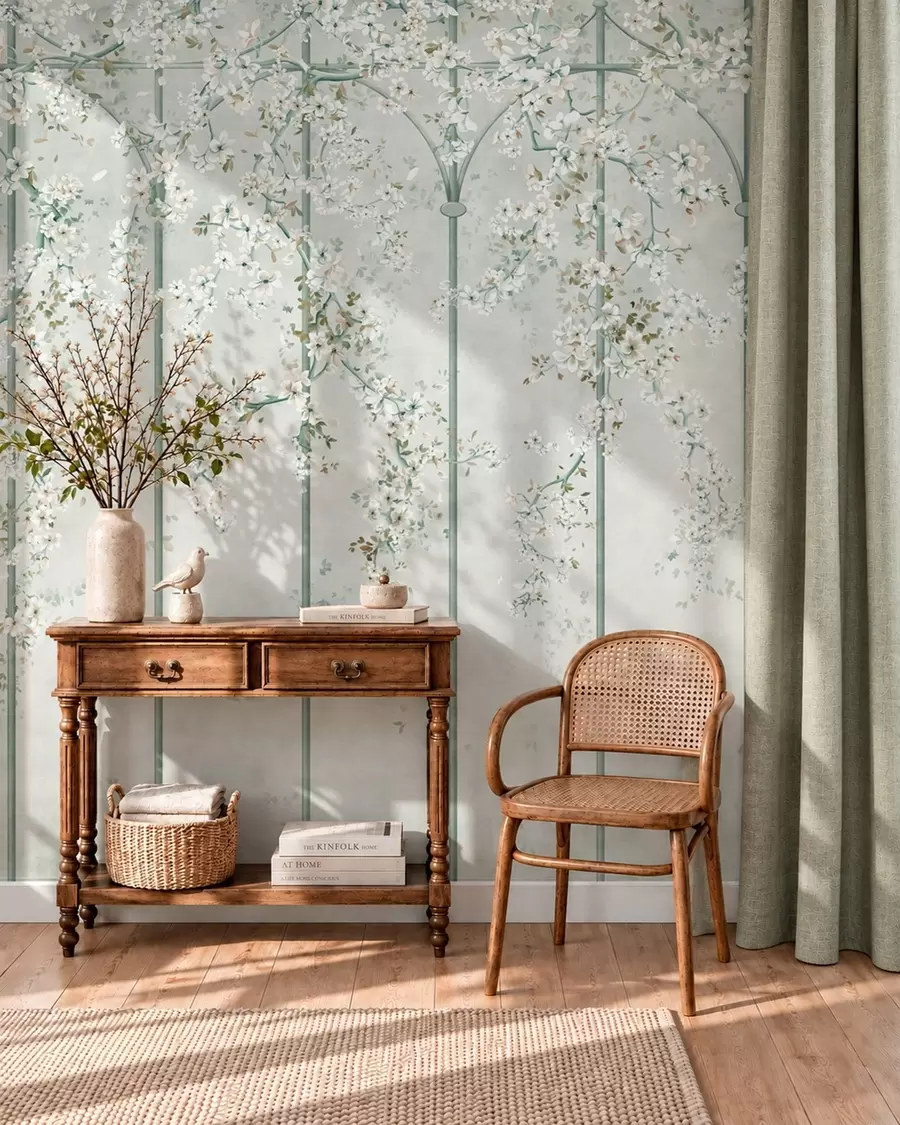 carta da parati Rami con fiori bianchi su un traliccio decorativo verde nr. w05923v2