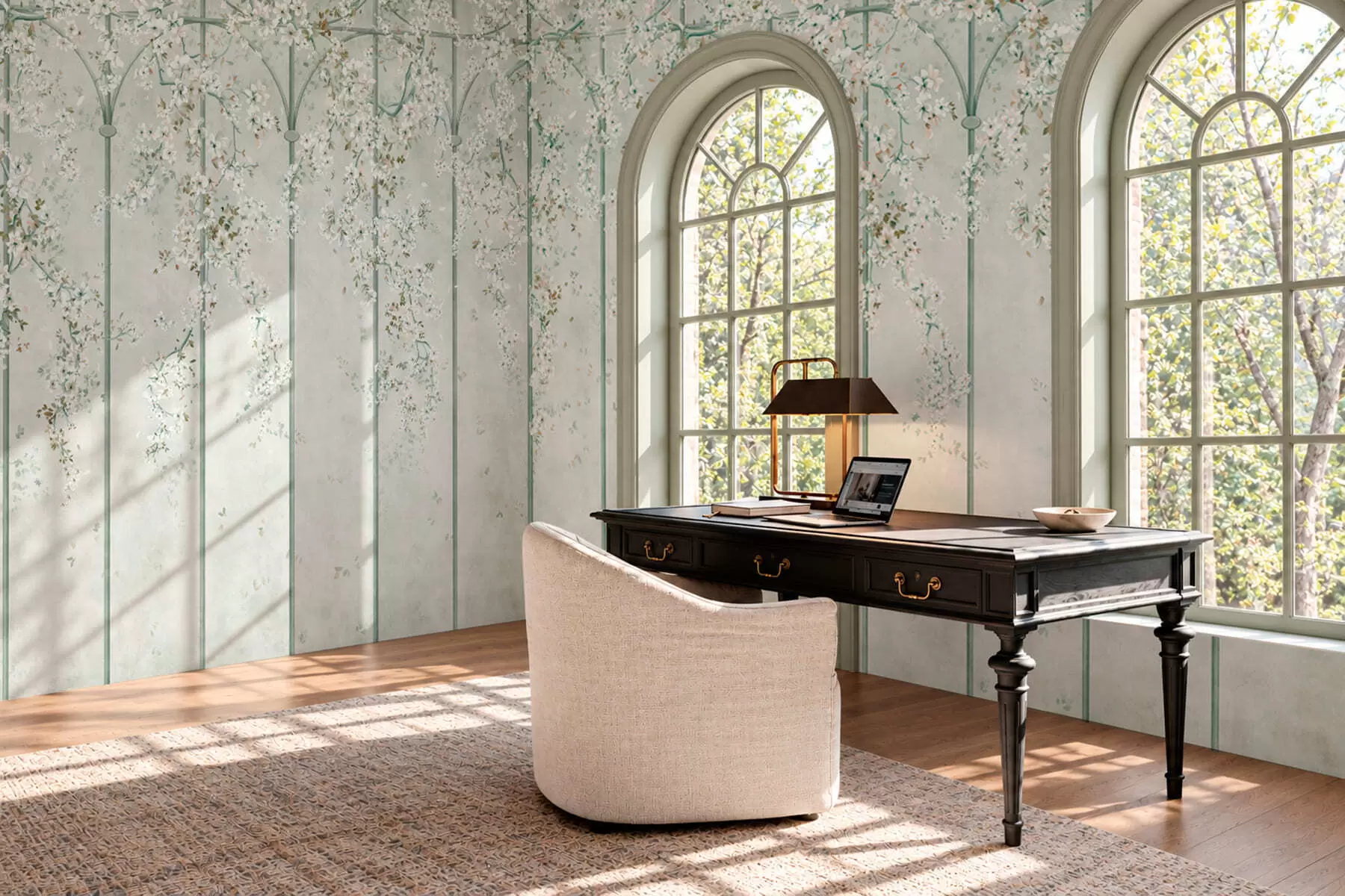 carta da parati Rami con fiori bianchi su un traliccio decorativo verde nr. w05923v2
