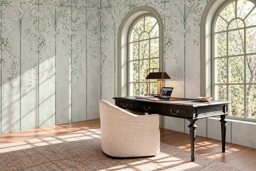 carta da parati Rami con fiori bianchi su un traliccio decorativo verde nr. w05923v2