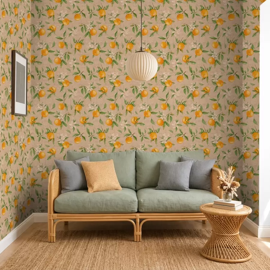 carta da parati Arance, foglie verdi e fiori bianchi nr. a01264