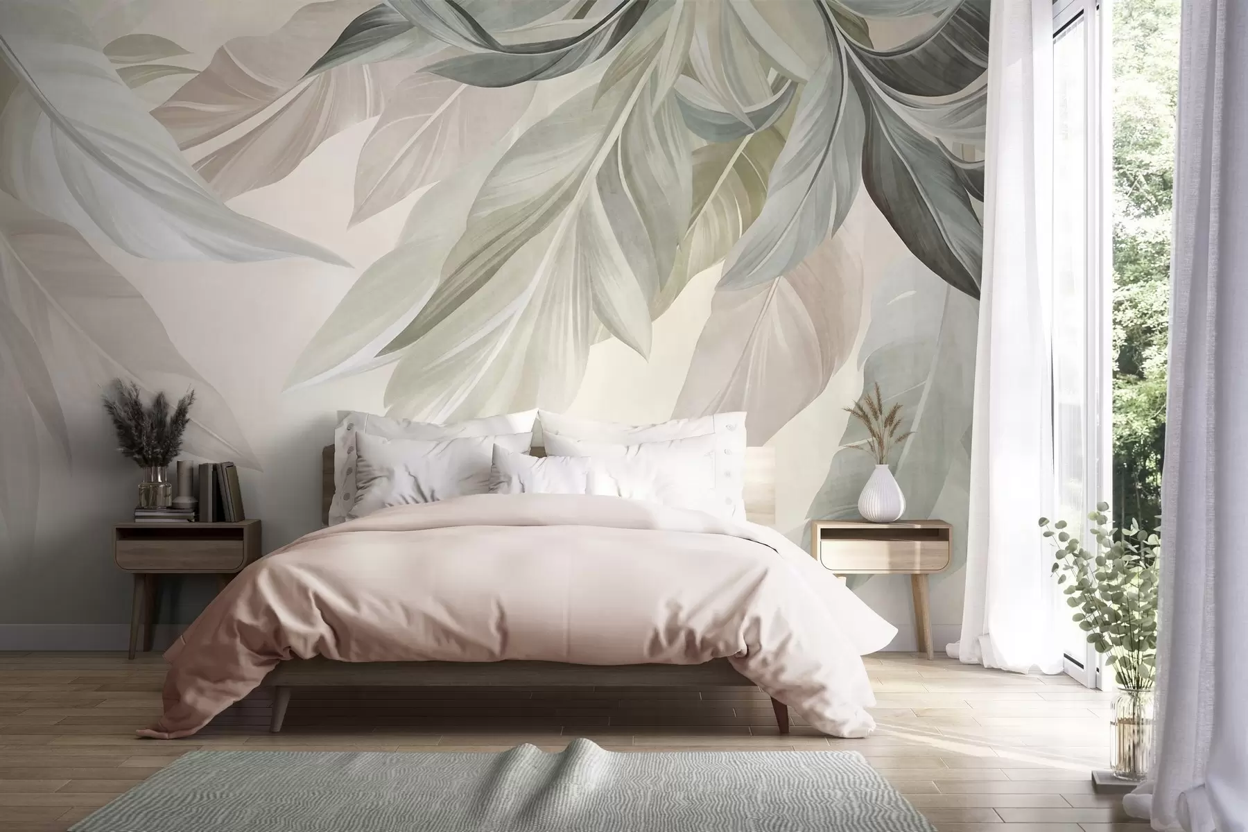 carta da parati Foglie tropicali, grandi, dai toni tenui di verde, beige e rosa, su uno sfondo chiaro e strutturato nr. w10054