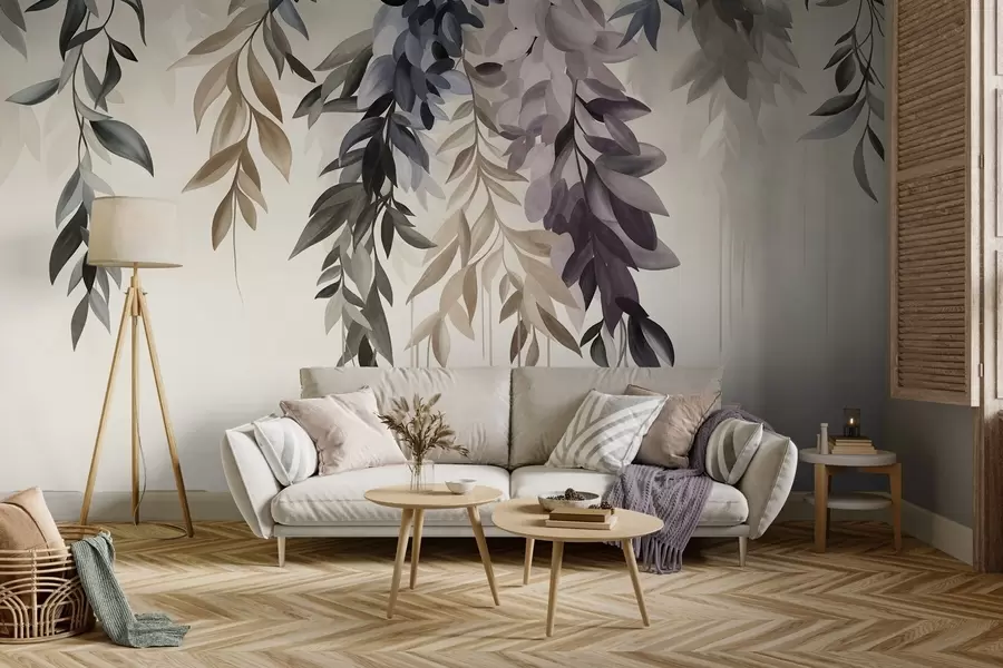 carta da parati Foglie astratte sospese nei toni del viola, del blu e del beige, con steli lunghi e sottili nr. w10057