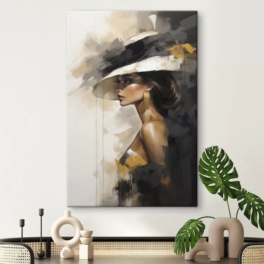 carta da parati Ritratto astratto di una giovane donna con un cappello, che imita un dipinto nr. s50845