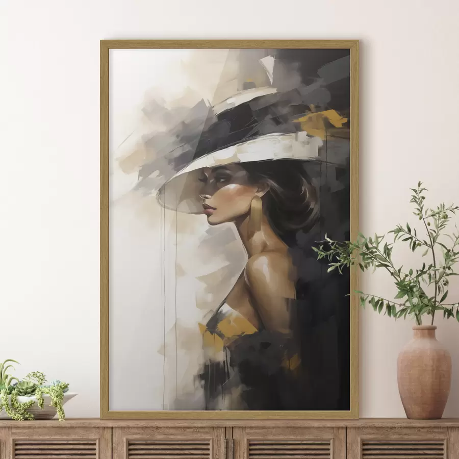 carta da parati Ritratto astratto di una giovane donna con un cappello, che imita un dipinto nr. f50845