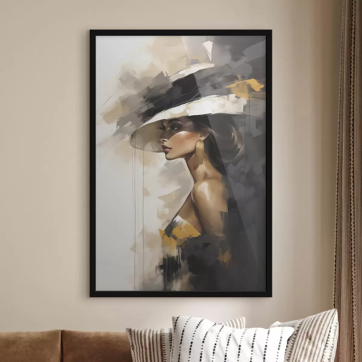 Poster Ritratto astratto di una giovane donna con un cappello, che imita un dipinto f50845