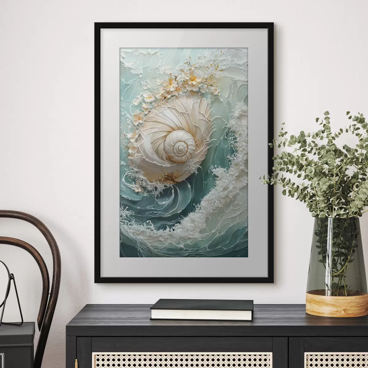 Poster Conchiglia madreperlata con motivo a onde del mare f50741
