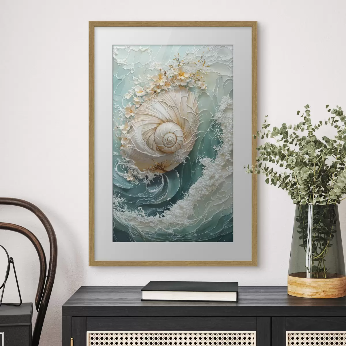 Poster Conchiglia madreperlata con motivo a onde del mare f50741