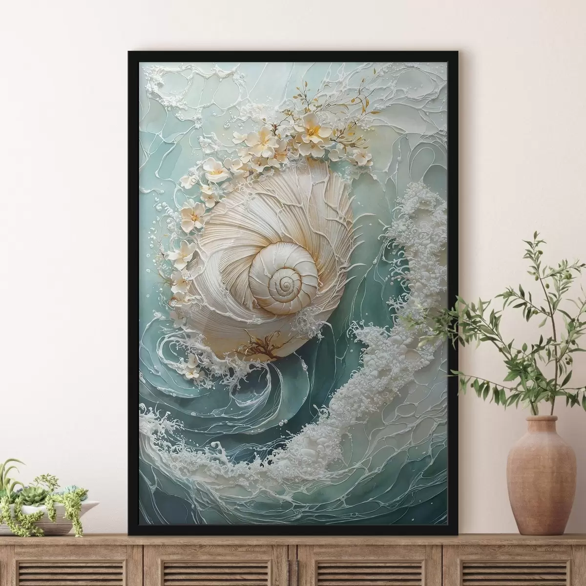 Poster Conchiglia madreperlata con motivo a onde del mare f50741