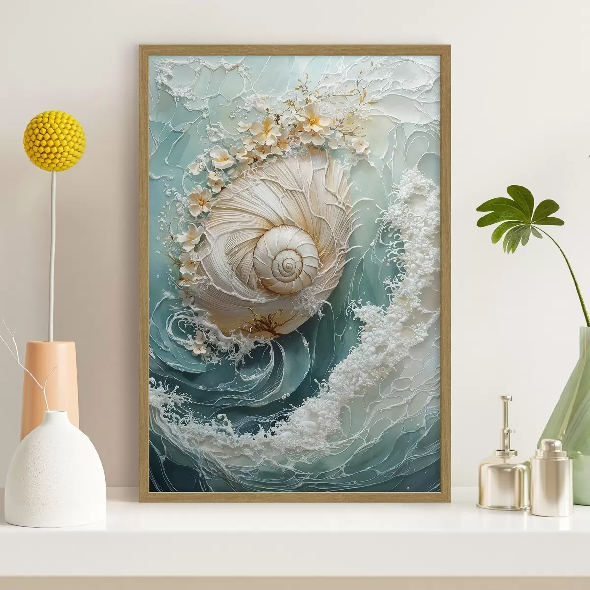 Poster Conchiglia madreperlata con motivo a onde del mare f50741