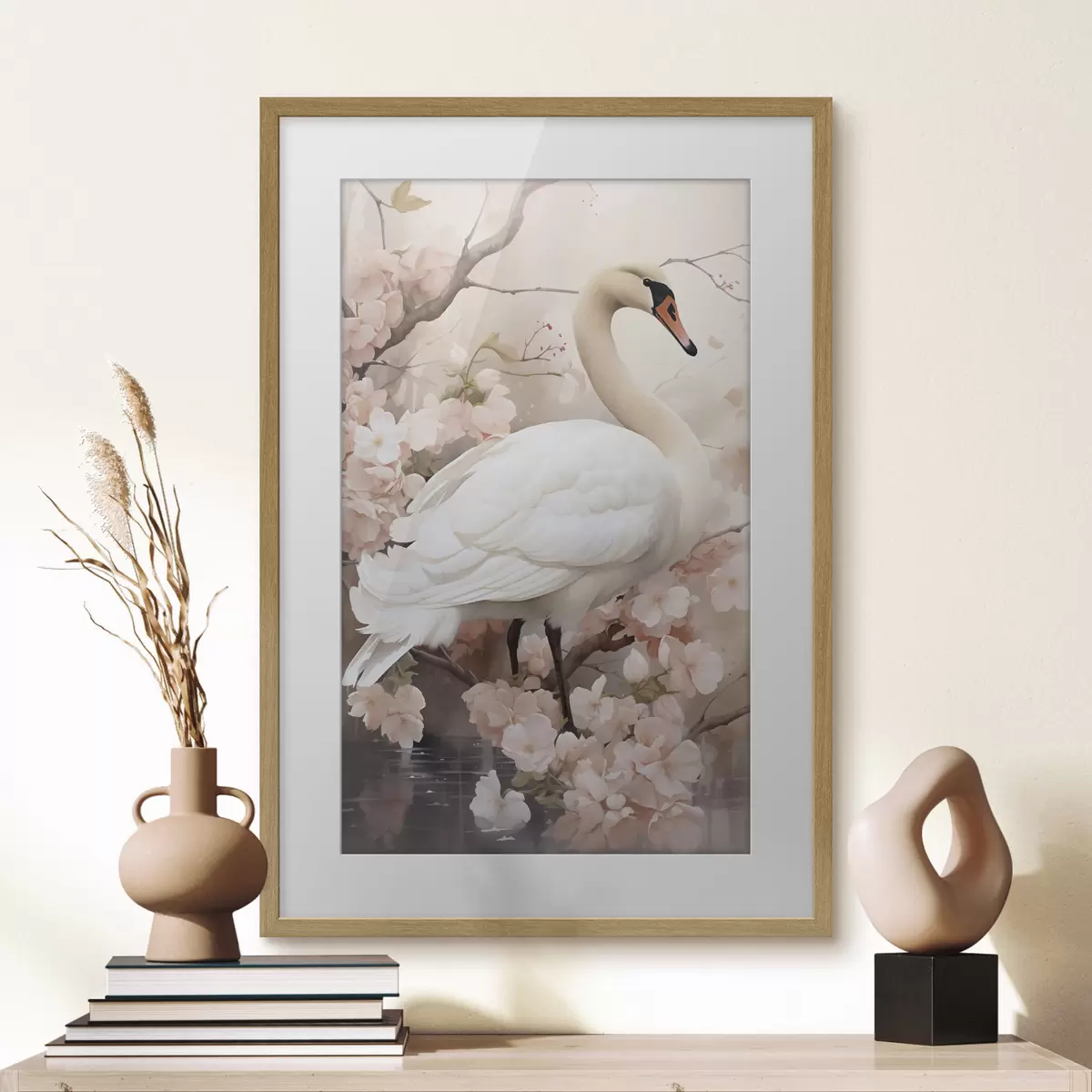 Poster Cigno bianco in un giardino in fiore f50743