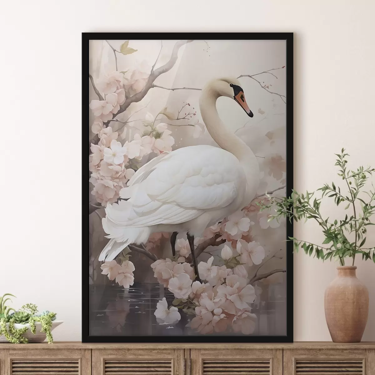 Poster Cigno bianco in un giardino in fiore f50743