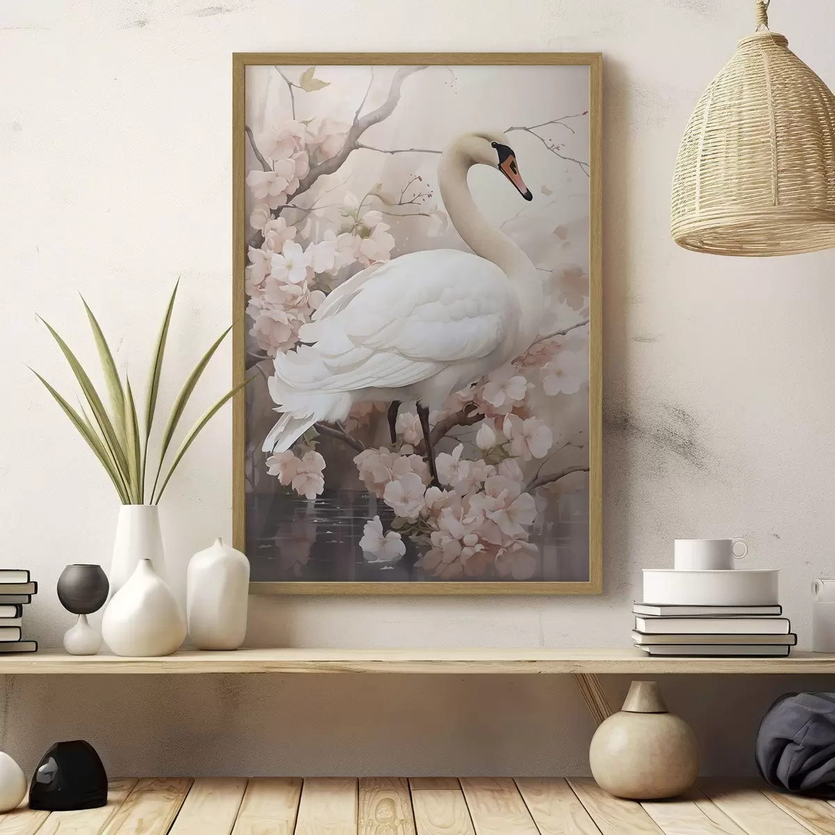 Poster Cigno bianco in un giardino in fiore f50743
