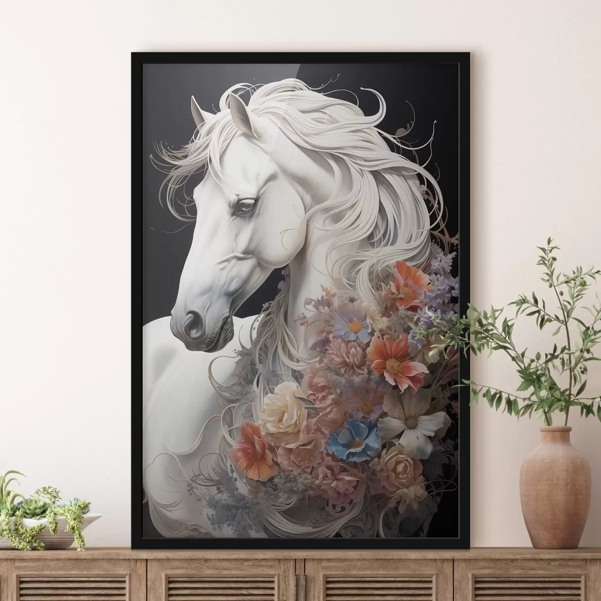Poster Cavallo bianco come la neve con criniera fiammeggiante f50762