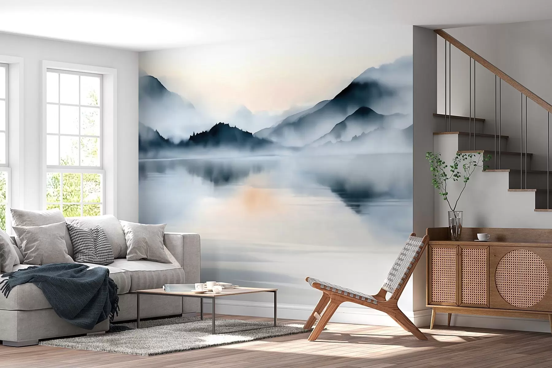 carta da parati Un lago con alle spalle montagne avvolte nella nebbia, in stile acquerello nr. w10078