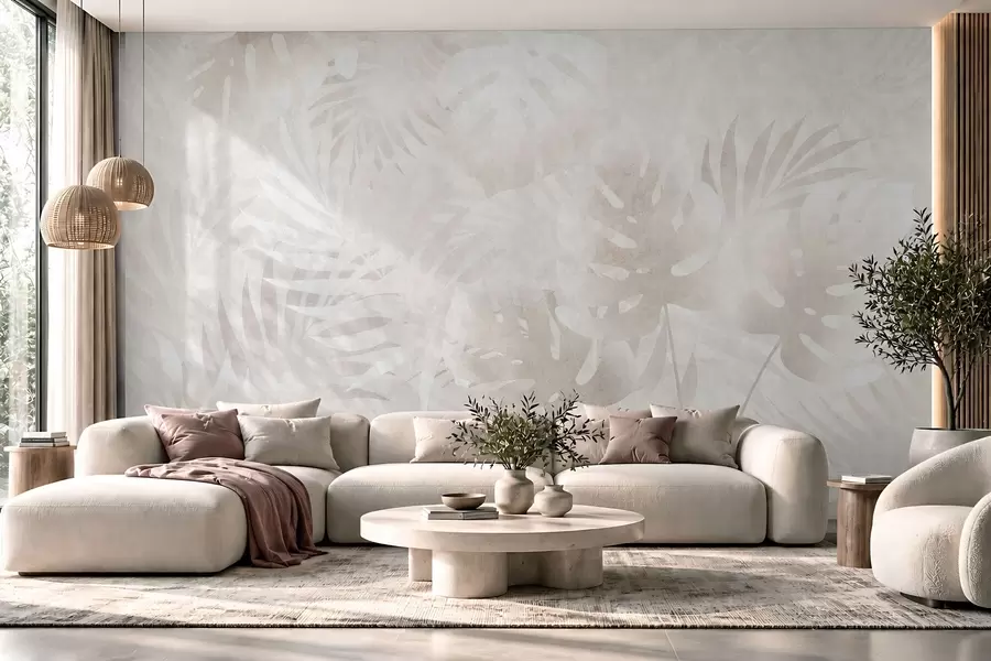 carta da parati Foglie tropicali con effetto grunge in tonalità beige cipriate nr. w10080