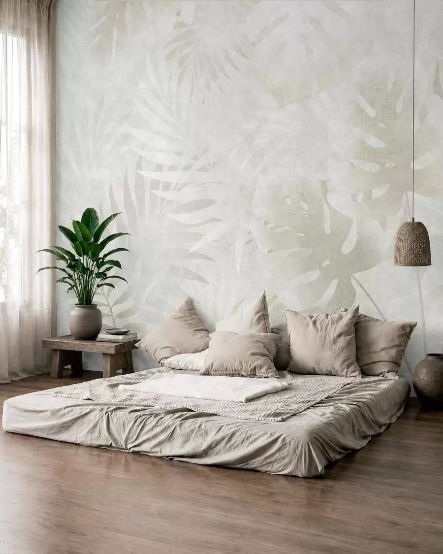 carta da parati Foglie tropicali con effetto grunge in tonalità beige neutre nr. w10080v1