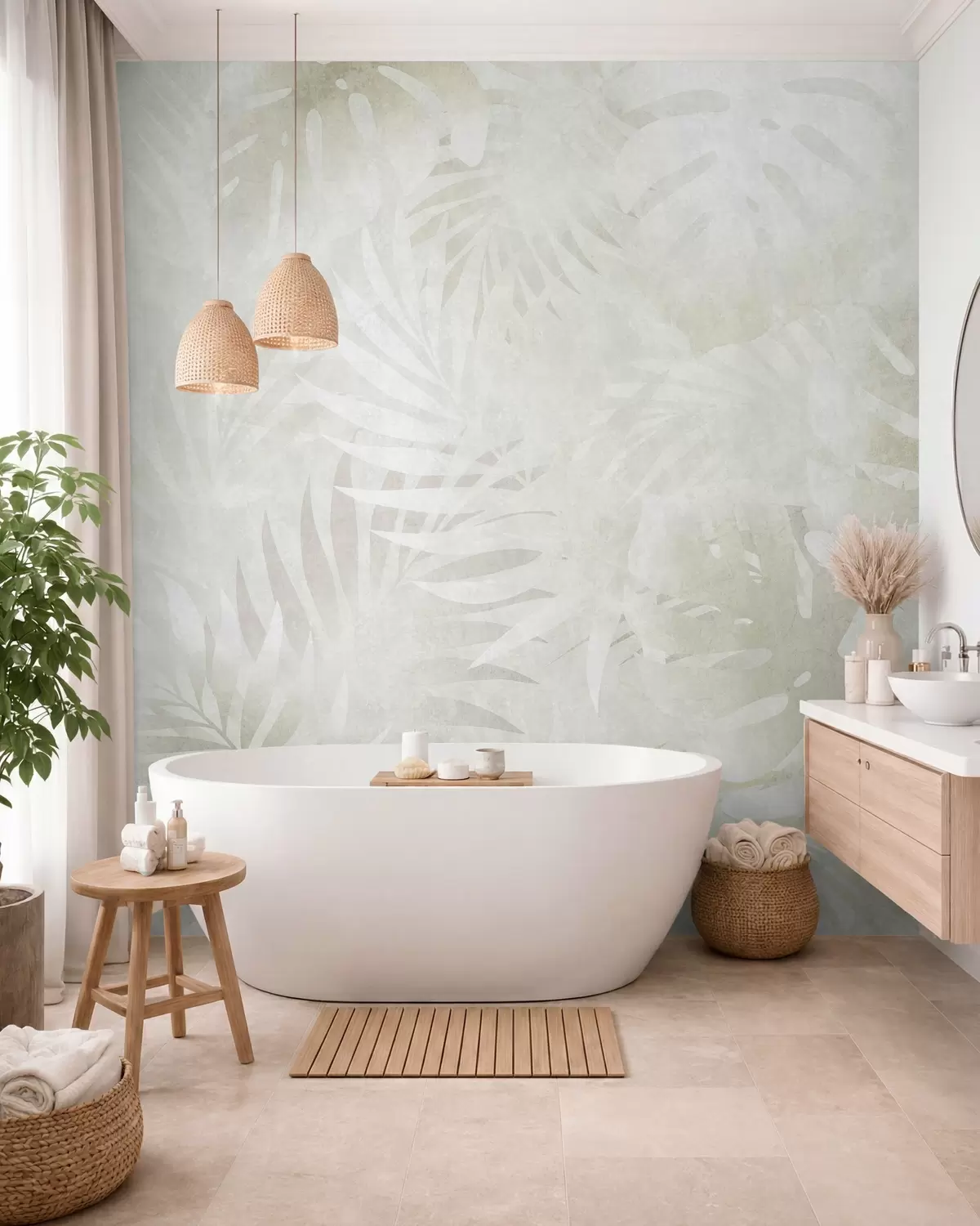 carta da parati Foglie tropicali con effetto grunge in tonalità beige neutre nr. w10080v1