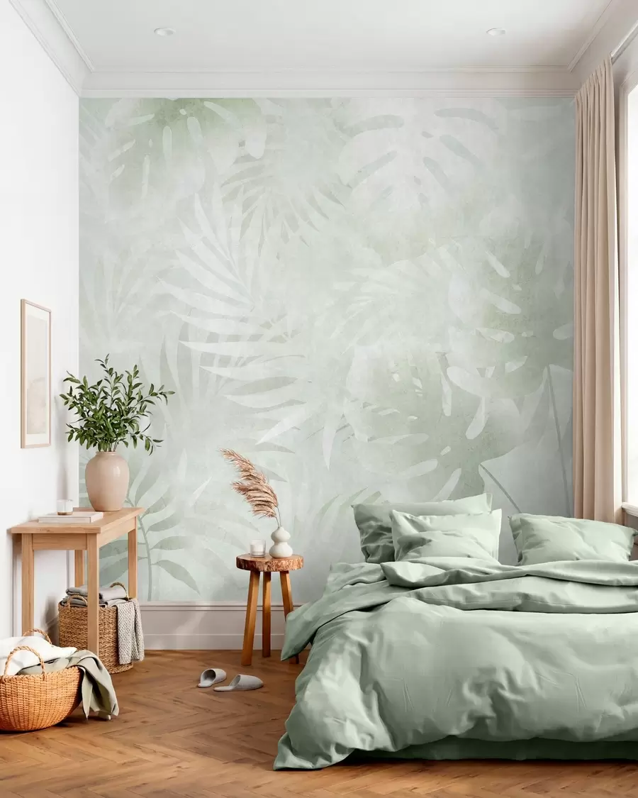 carta da parati Foglie tropicali con effetto grunge in tonalità di verde nr. w10080v2