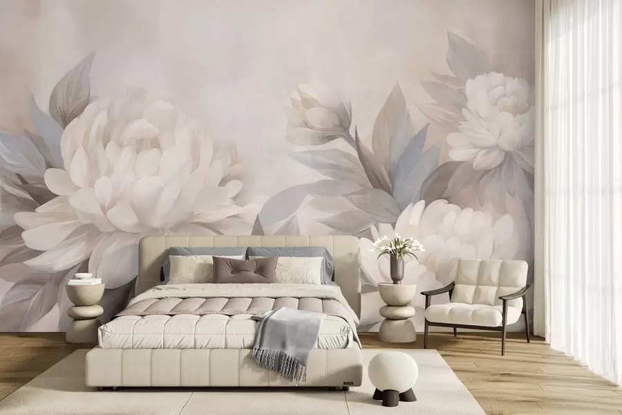 carta da parati Peonie con texture e foglie dai toni tenui, su uno sfondo dai colori pastello delicati nr. w10061