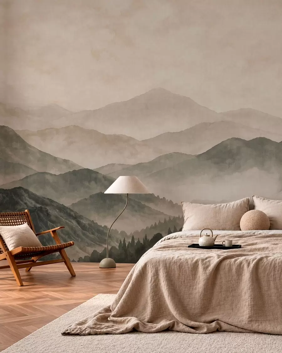 Carta da parati nature Creste montuose avvolte dalla nebbia e foreste scure 
