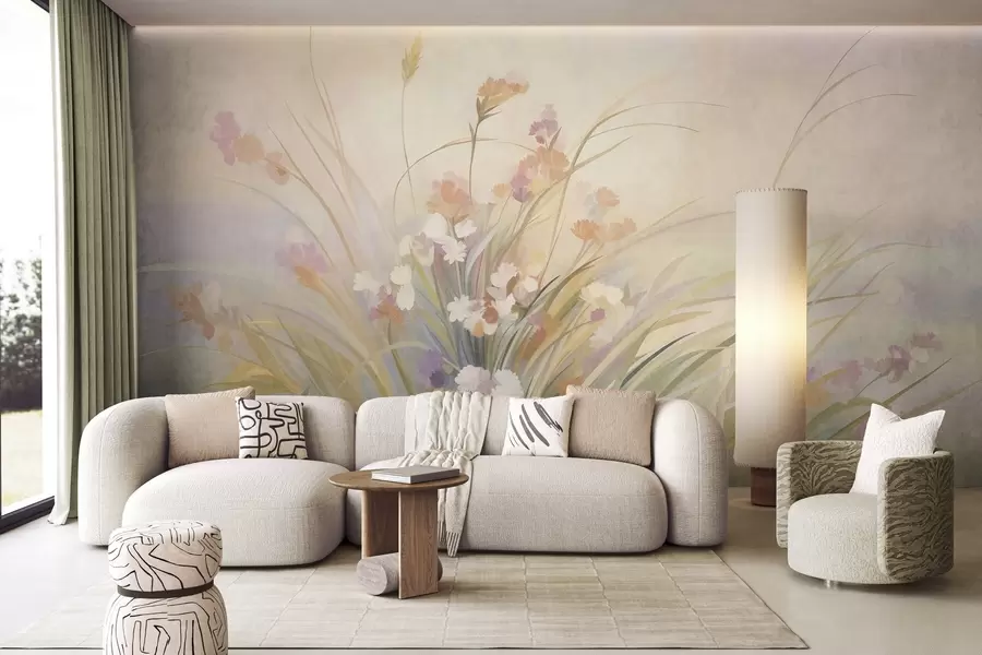 carta da parati Erba alta e fiori selvatici dai delicati colori pastello, opera d’arte con texture nr. w10062