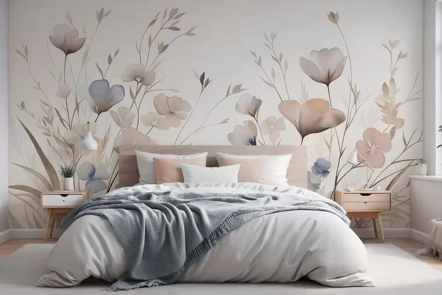 carta da parati Delicati fiori di campo nei toni pastello del blu, del rosa e del beige, tra l'erba alta nr. w10065