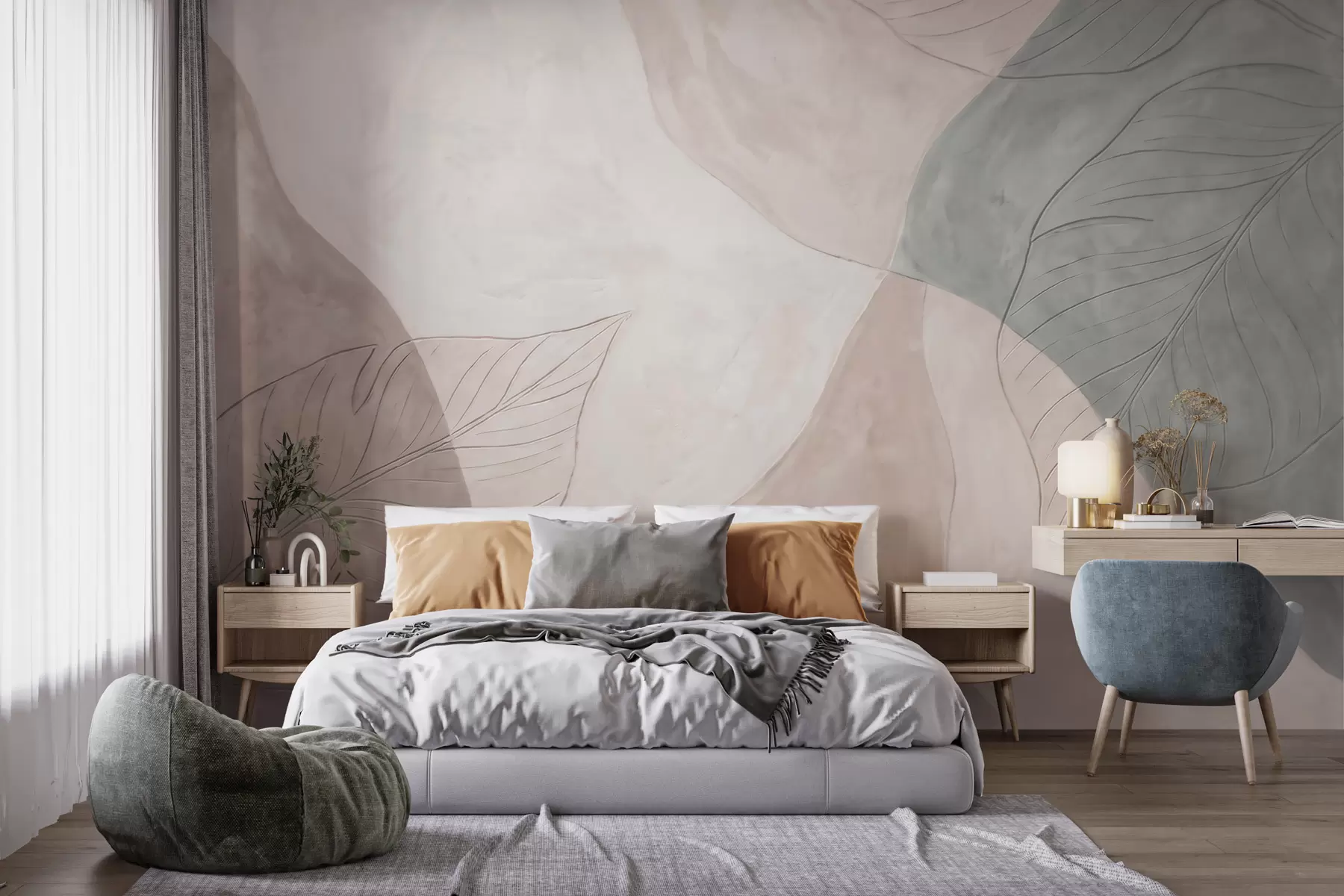 carta da parati Composizione botanica astratta con foglie di grandi dimensioni e forme organiche nei toni del beige, del crema e del verde nr. w10070