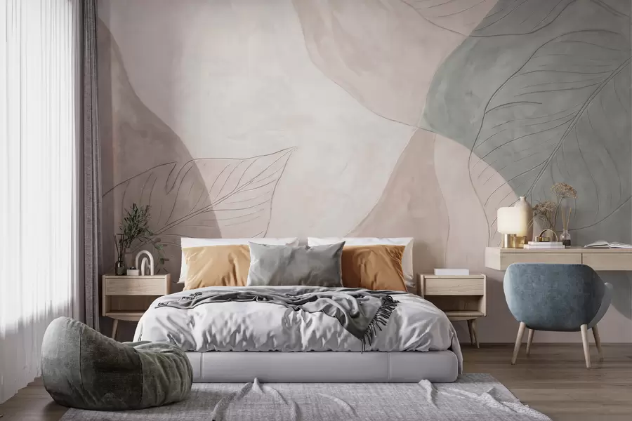carta da parati Composizione botanica astratta con foglie di grandi dimensioni e forme organiche nei toni del beige, del crema e del verde nr. w10070