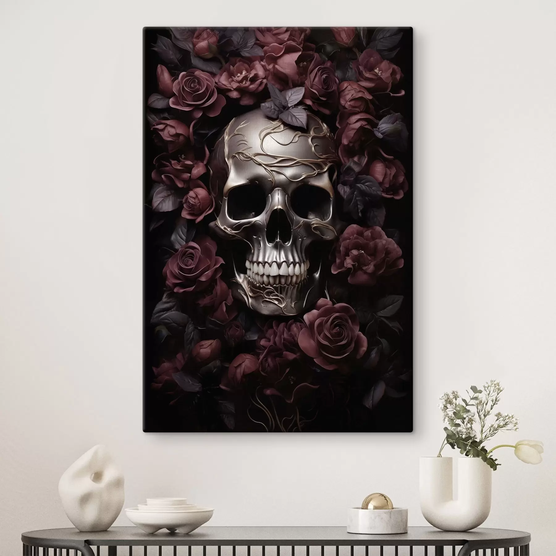 Quadro Teschio tra rose bordeaux nr. s50914