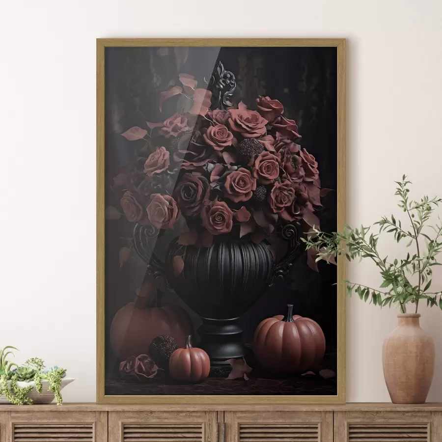 carta da parati Rose bordeaux e zucca in un vaso scuro nr. f50913