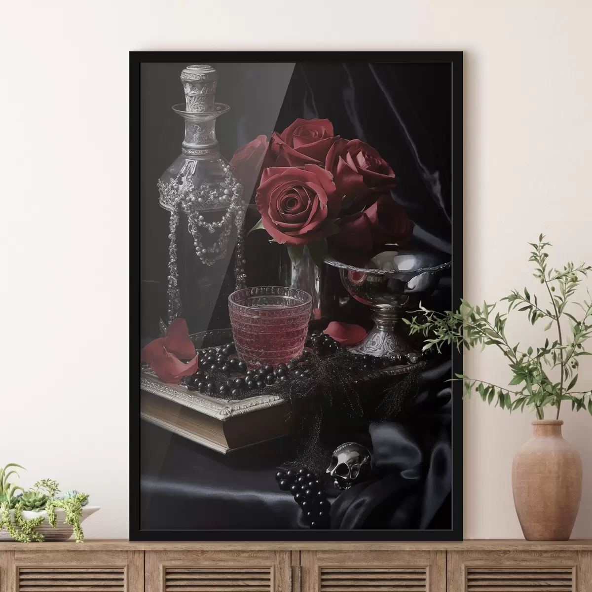 Poster Natura morta d'epoca con bicchiere e rose f50915