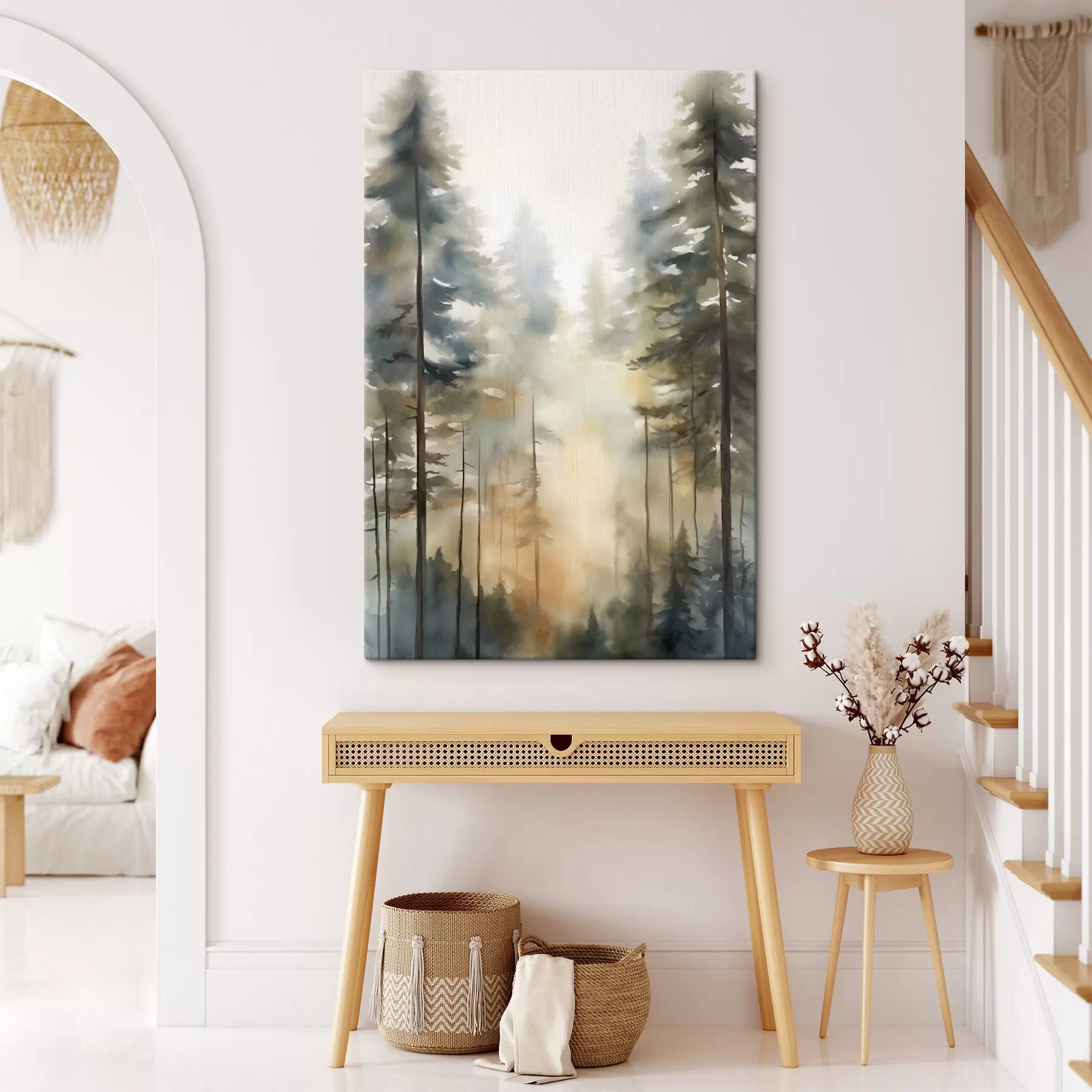 Quadro Alti pini in una foresta avvolta dalla nebbia, illuminata da raggi di sole nr. s50948