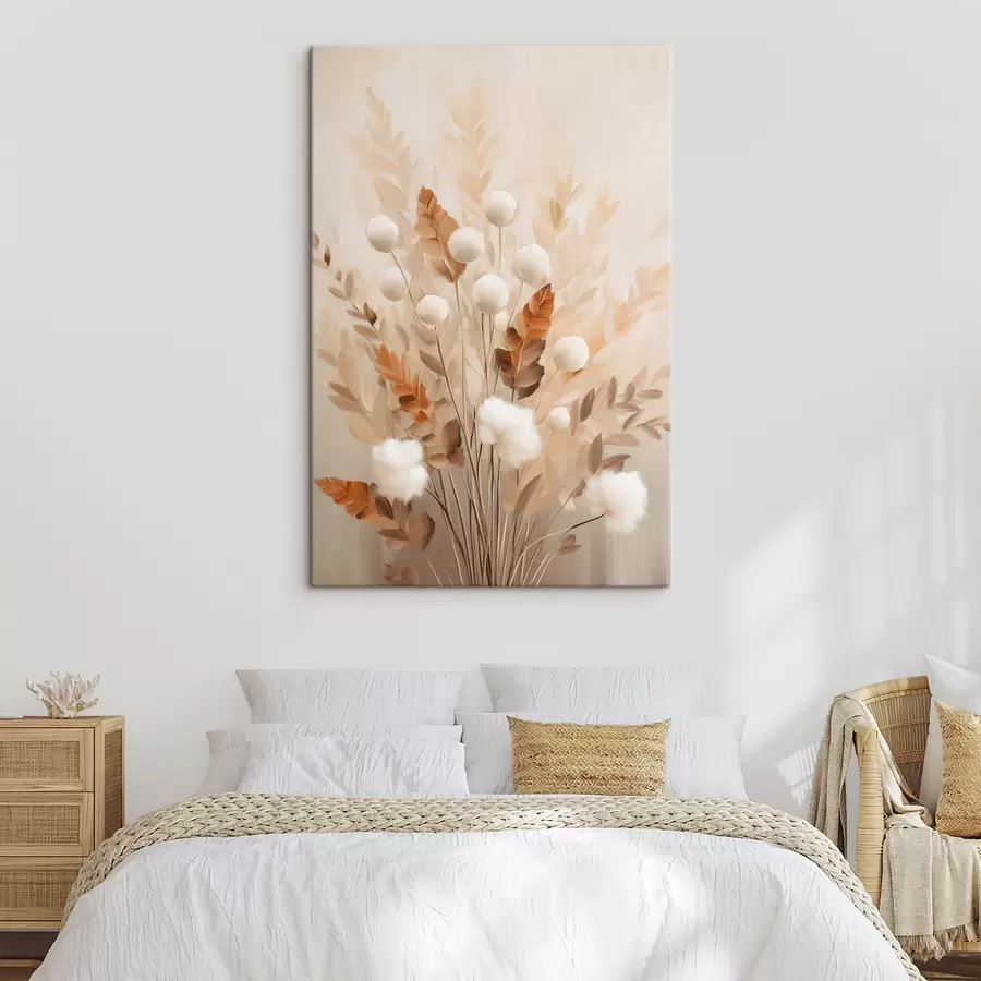 carta da parati Un bouquet di fiori bianchi e soffici e foglie secche di arancio dai colori tenui e delicati nr. s50951
