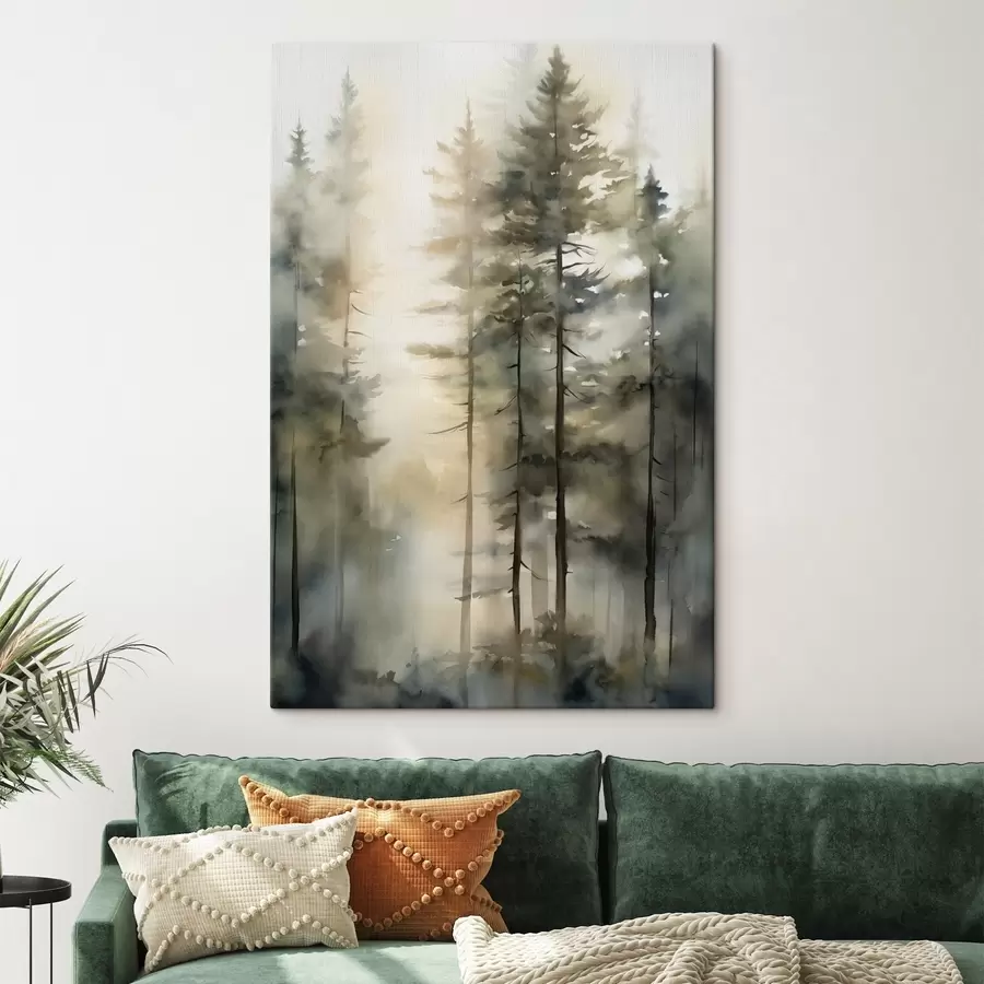 carta da parati Alti pini in una foresta avvolta dalla nebbia, illuminata da raggi di sole nr. s50947